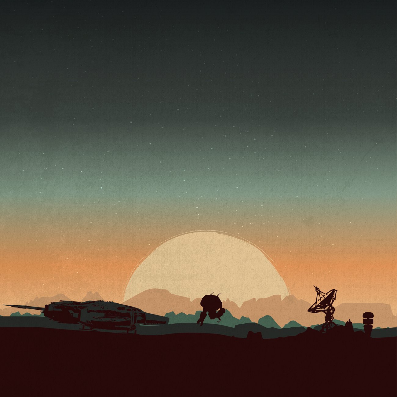 Coucher de soleil, vaisseau et droïdes