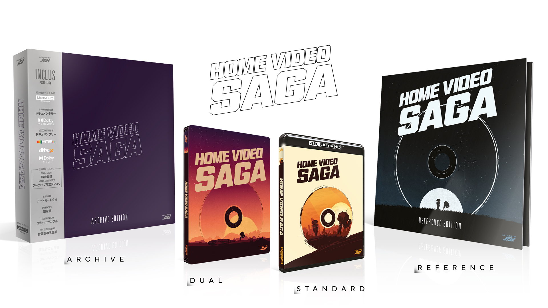 Les quatre éditions physiques HOME VIDEO SAGA : Archive, Dual, Standard, Reference